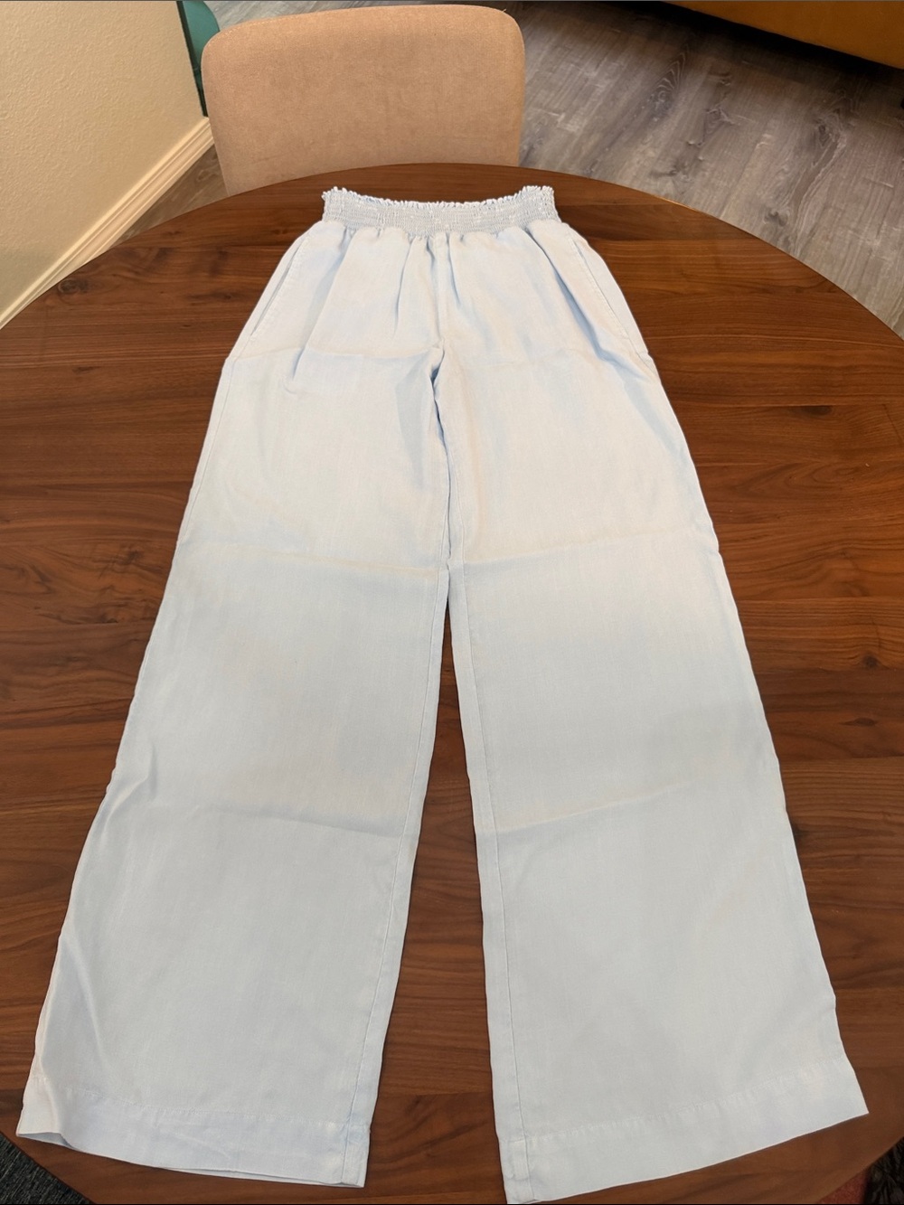 Light Blue Wide Leg Elastic Waist Linen Pants